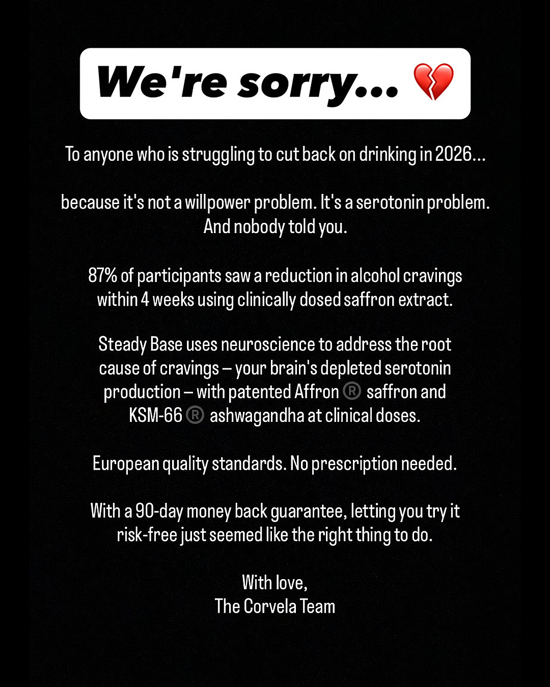 Corvela Steady Base Facebook ad: Your brain is craving serotonin, not alcohol.