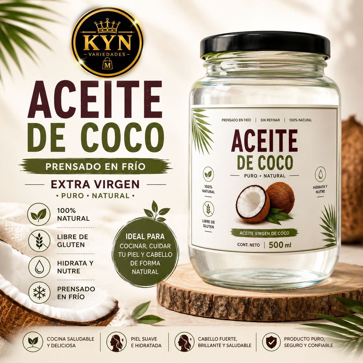 KYN Variedades Facebook ad: ACEITE DE COCO PRENSADO EN FRÍO