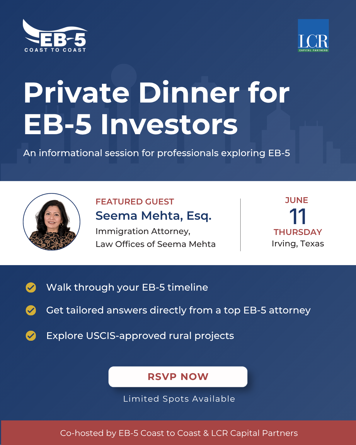EB-5 Coast to Coast Facebook ad: Private EB-5 dinner in Dallas - June 11