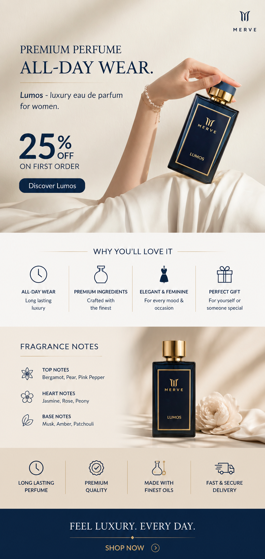 Merve Perfumes Facebook ad: Radiant. Curious. Unmistakably You