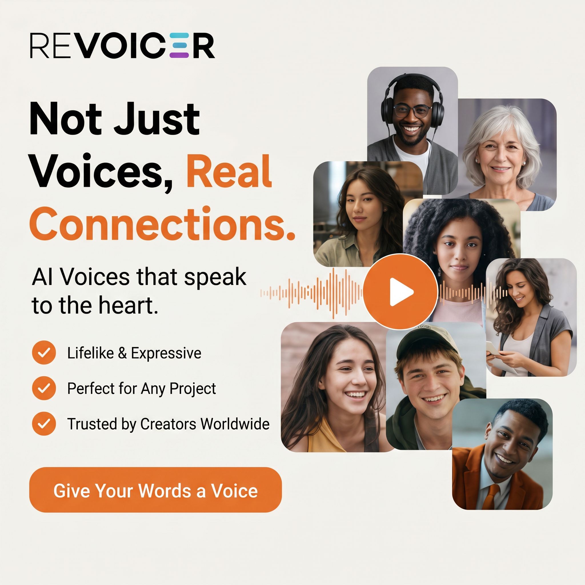 Revoicer - AI Text To Speech Facebook ad: 100+ Human-Sounding AI Voices With EMotions