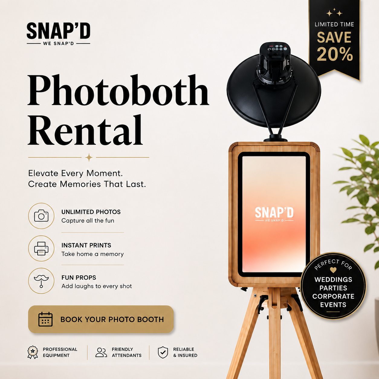 Snap’d - Photo-Booth Rental Facebook ad: Book This Week, Save 20%