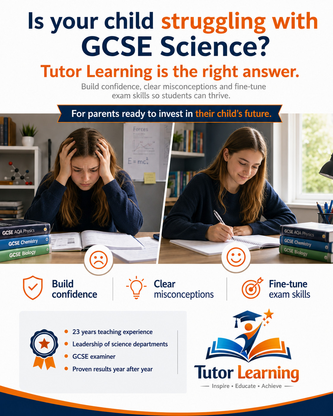 Tutor Learning Facebook ad: Is your child struggling and guessing in GCSE science…