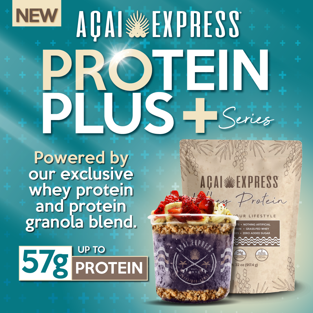 Acai Express Superfood Bowls Facebook ad: NEW PROTEIN PLUS SERIES Powered by our exclusive…
