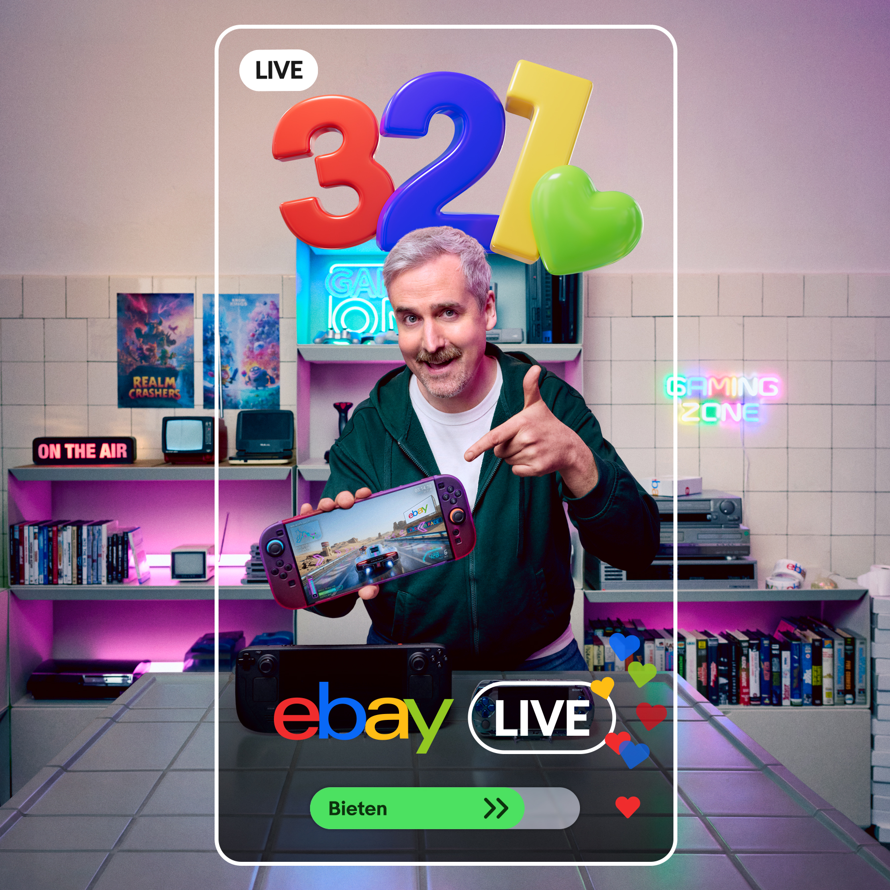 eBay Live Deutschland Facebook ad: Live Deals feiern. 3… 2… 1… eBay Live.