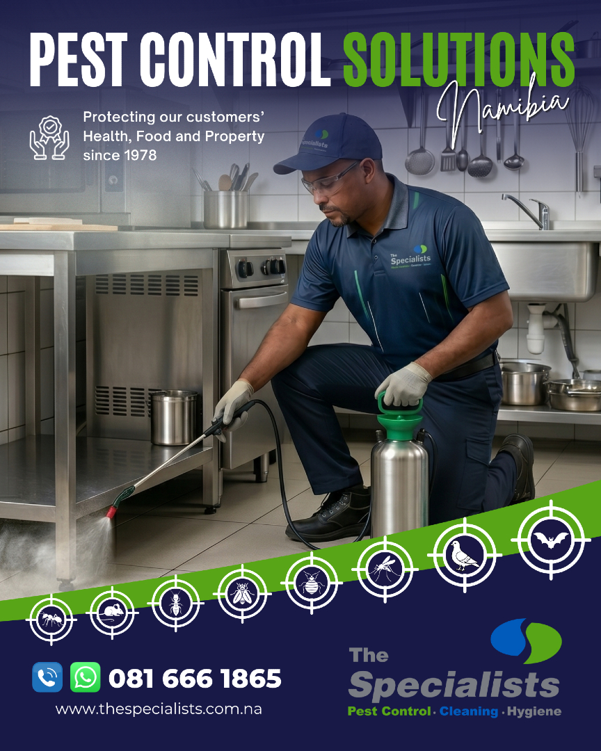 The Specialists Pest Control Namibia Facebook ad: 𝐏𝐞𝐬𝐭𝐬 𝐝𝐨𝐧'𝐭 𝐭𝐚𝐤𝐞 𝐚 𝐝𝐚𝐲 𝐨𝐟𝐟…