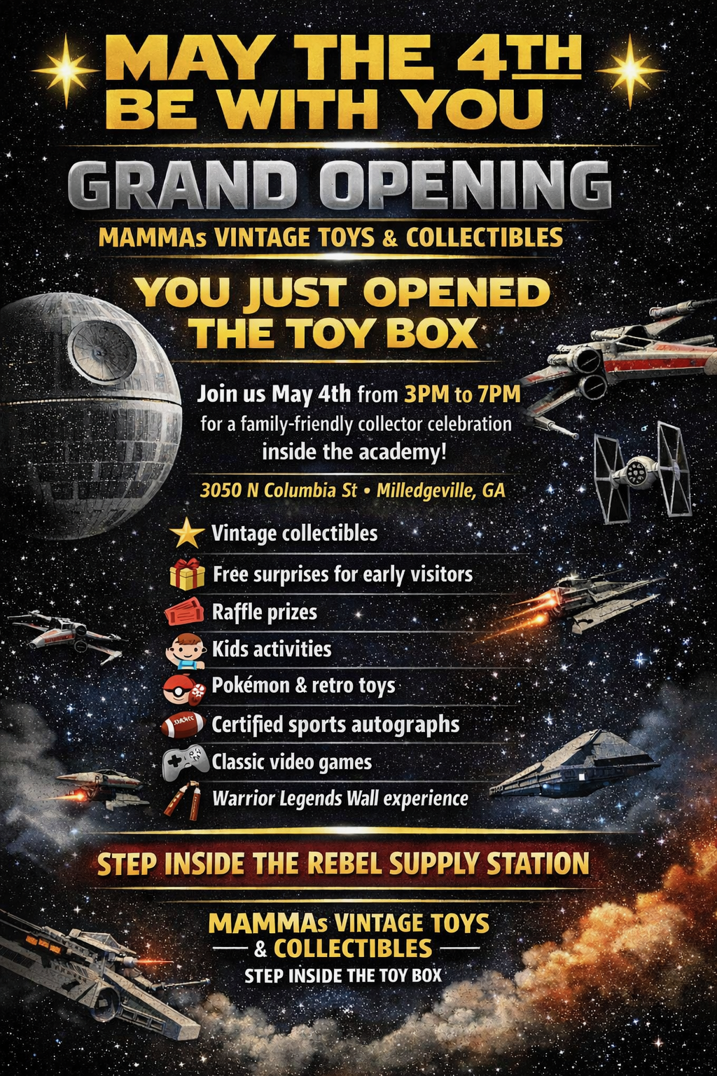 Milledgeville Academy of MMA Facebook ad: MAMMAs Vintage Toys & Collectibles is opening May…
