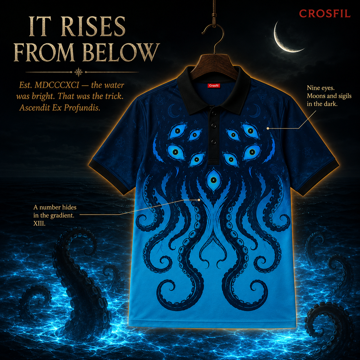 Crosfil Dark Aesthetic Facebook ad: The Many-Eyed, Eldritch Cosmic Horror Polo Shirt