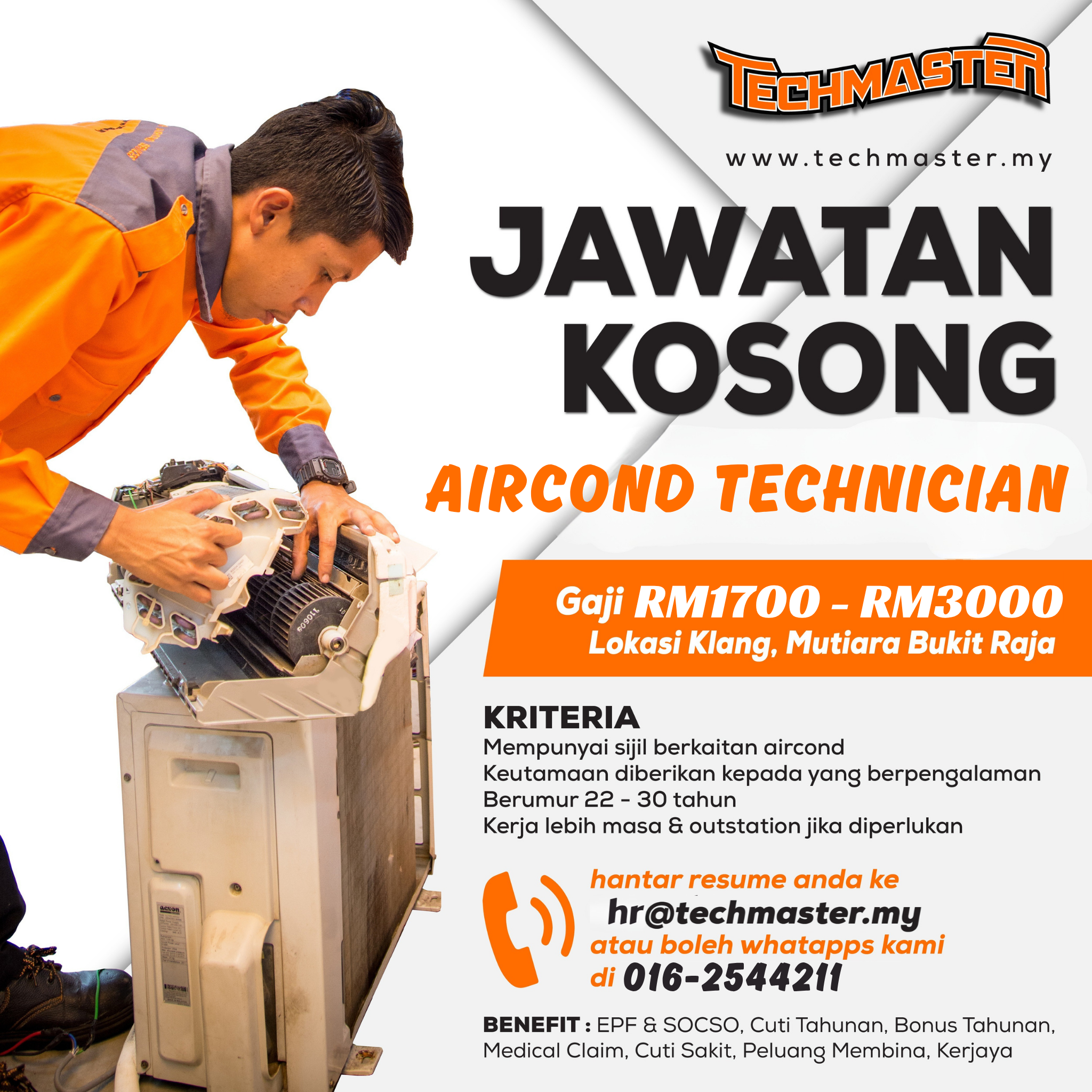 TechMaster.my Facebook ad: WE’RE HIRING, TECHNICIAN AIRCOND POWER TAPI GAJI KECIK?