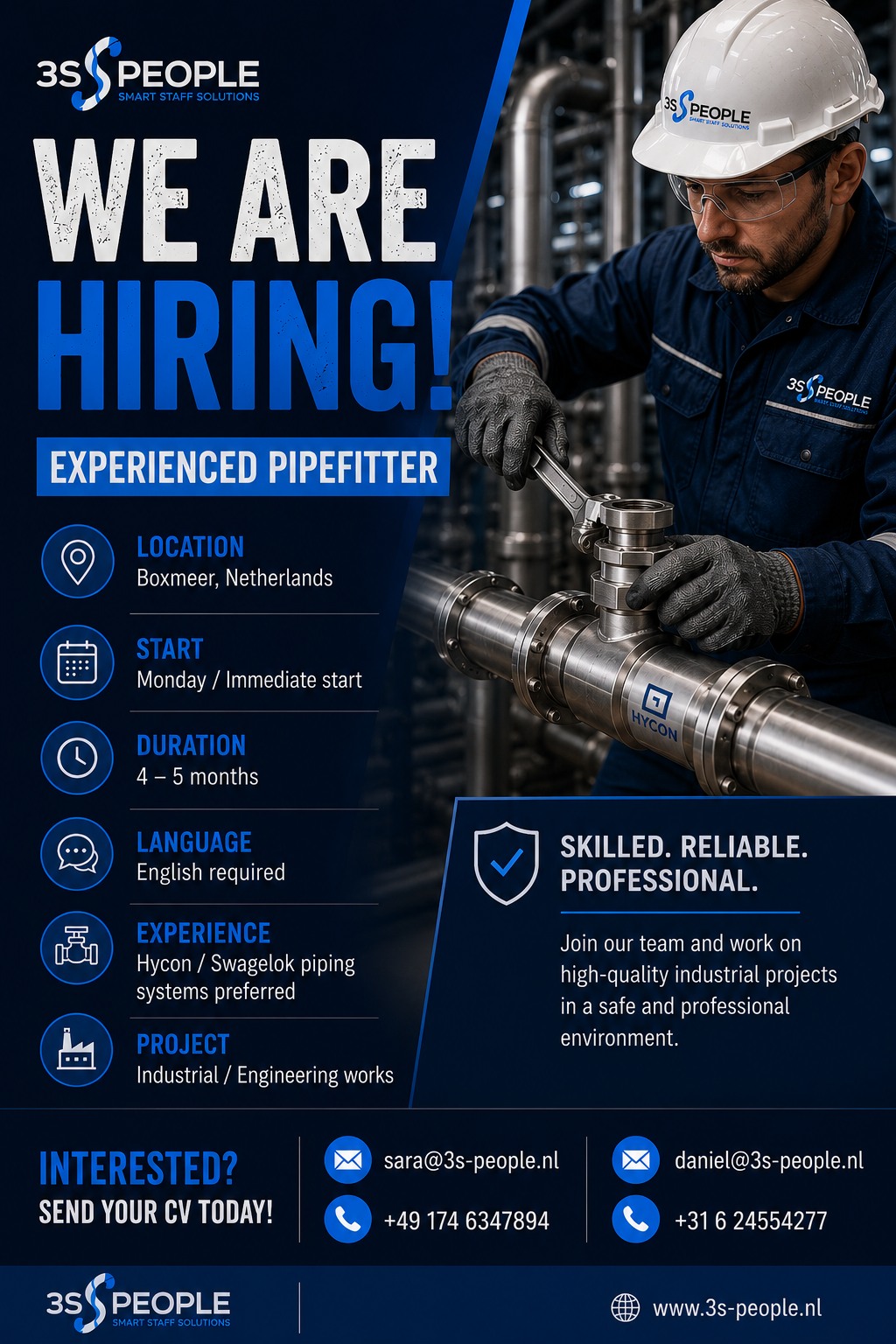 3S People BV Facebook ad: JOB OFFER, EXPERIENCED PIPEFITTER