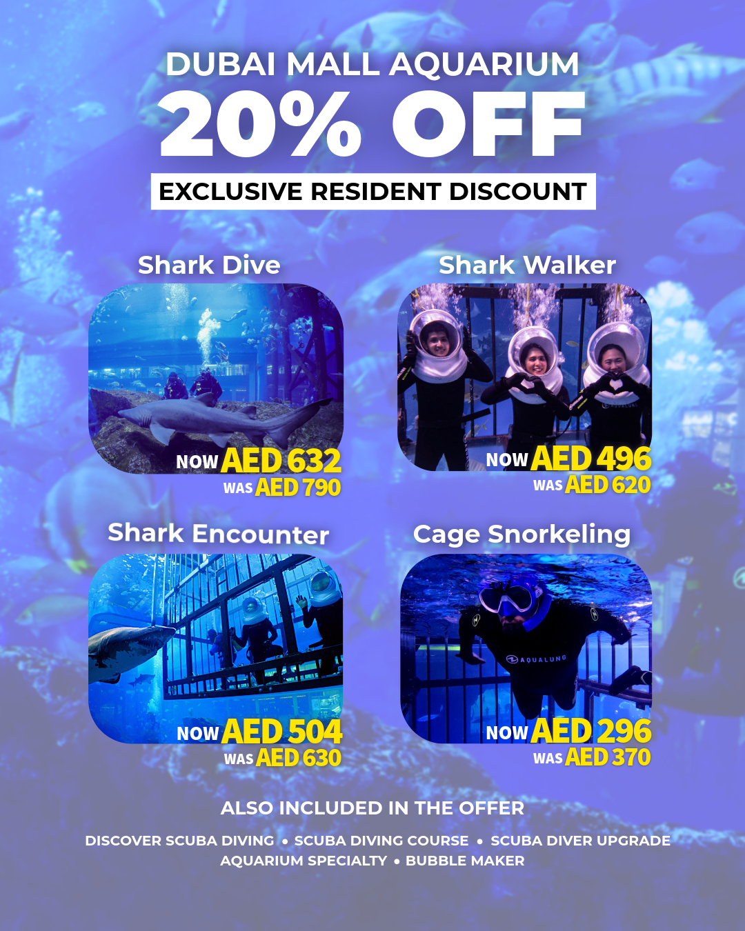 Al Boom Diving Facebook ad: 20% OFF UAE Resident Shark & Scuba Experiences from AED 370