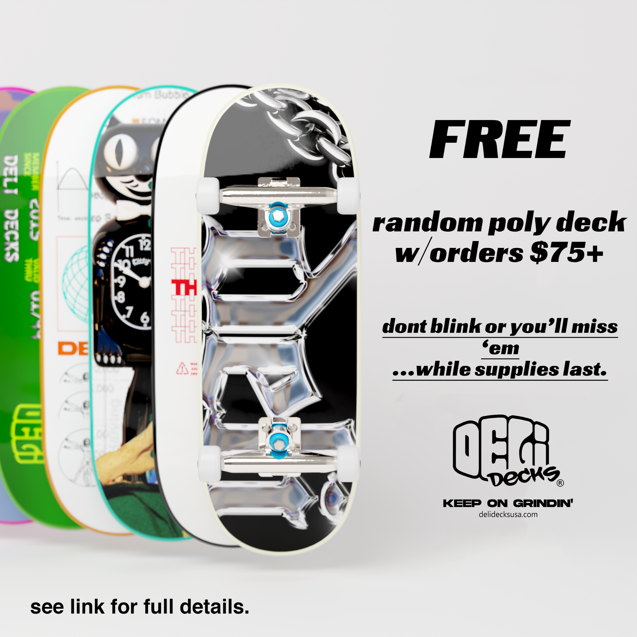 DeliDecks Facebook ad: Crafting premium fingerboards since 2015, order up, based…