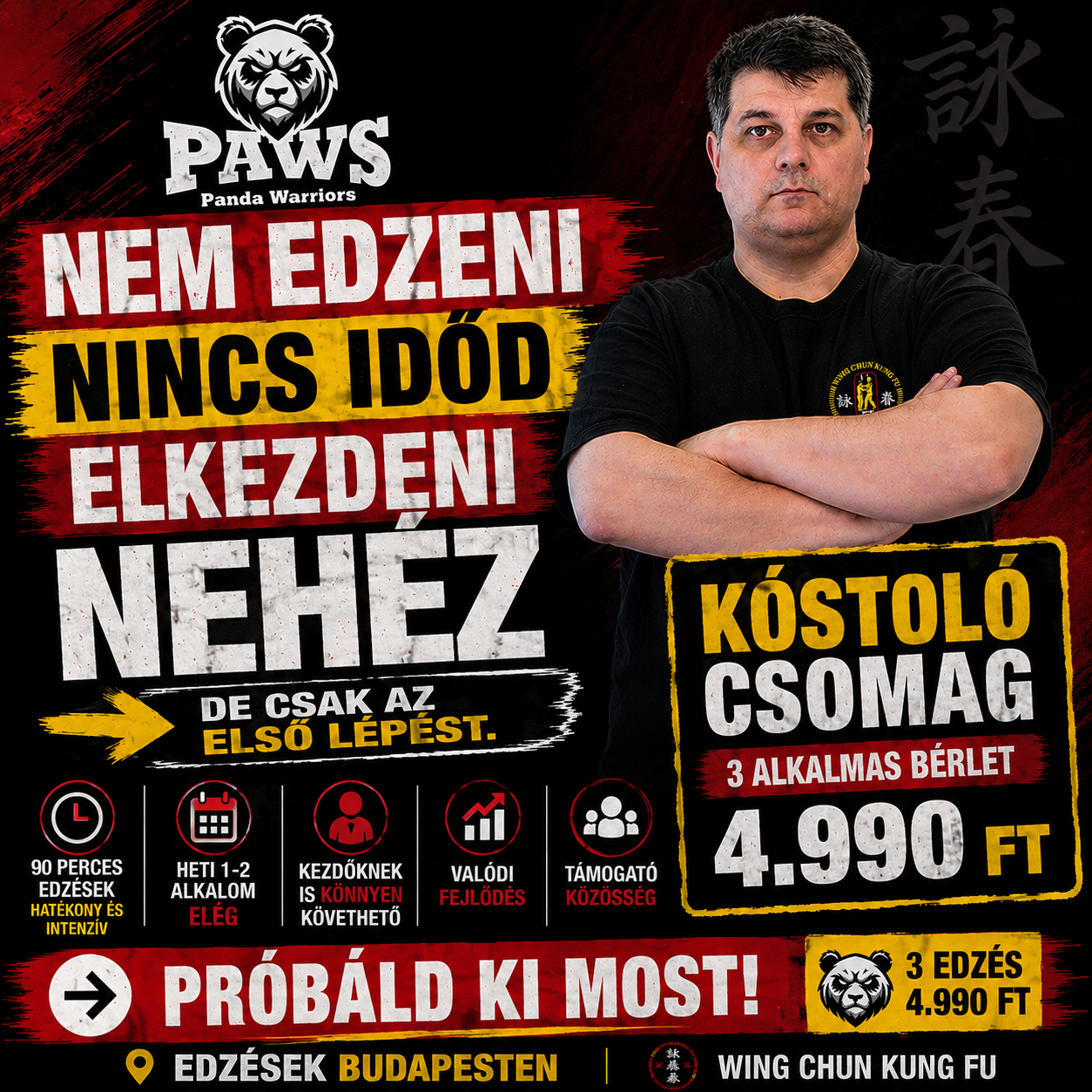PandaWarriors Facebook ad: Nem edzeni nincs időd, elkezdeni nehéz