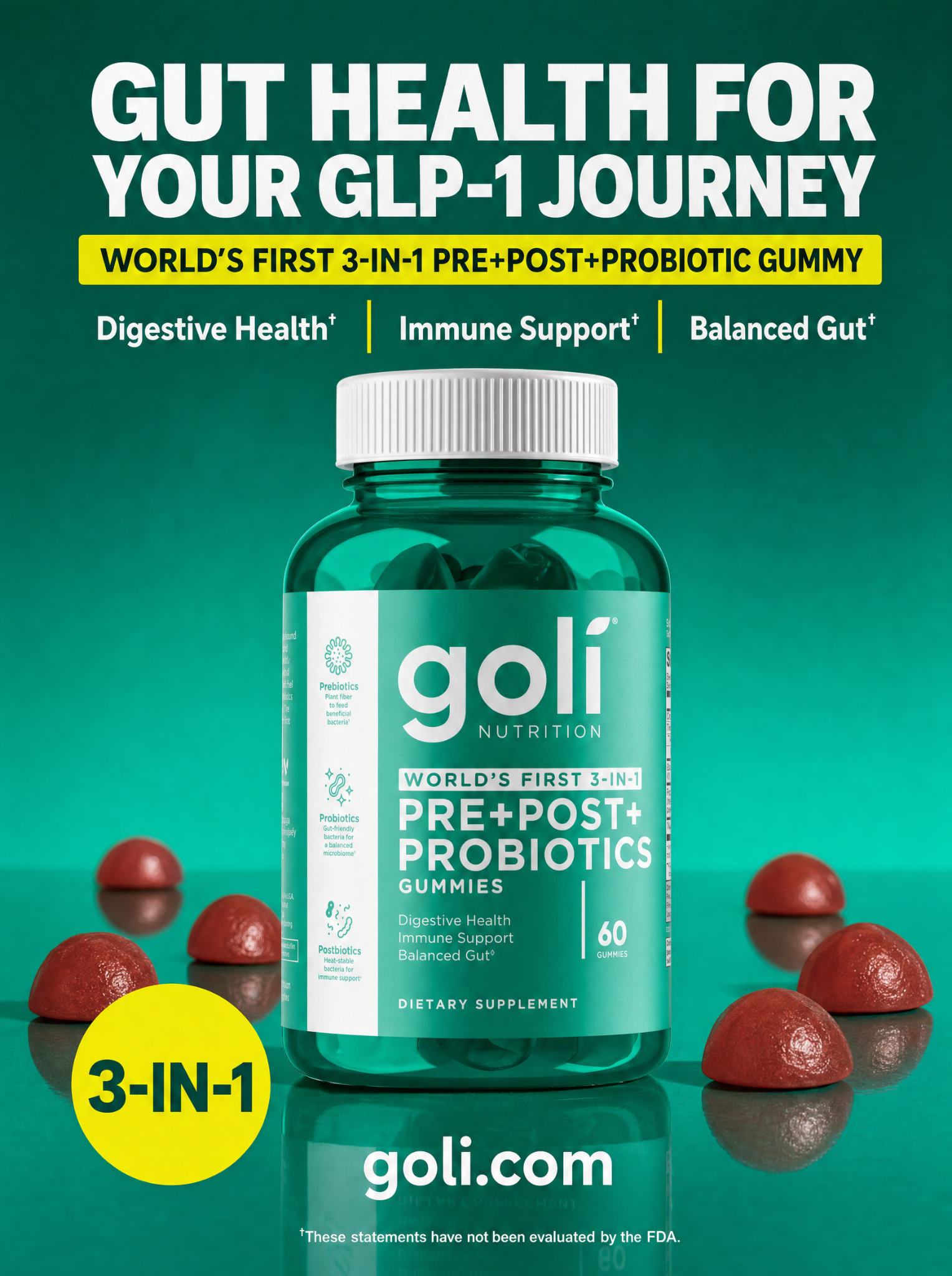 Goli Facebook ad: World's First 3 in 1 Probiotic Gummy