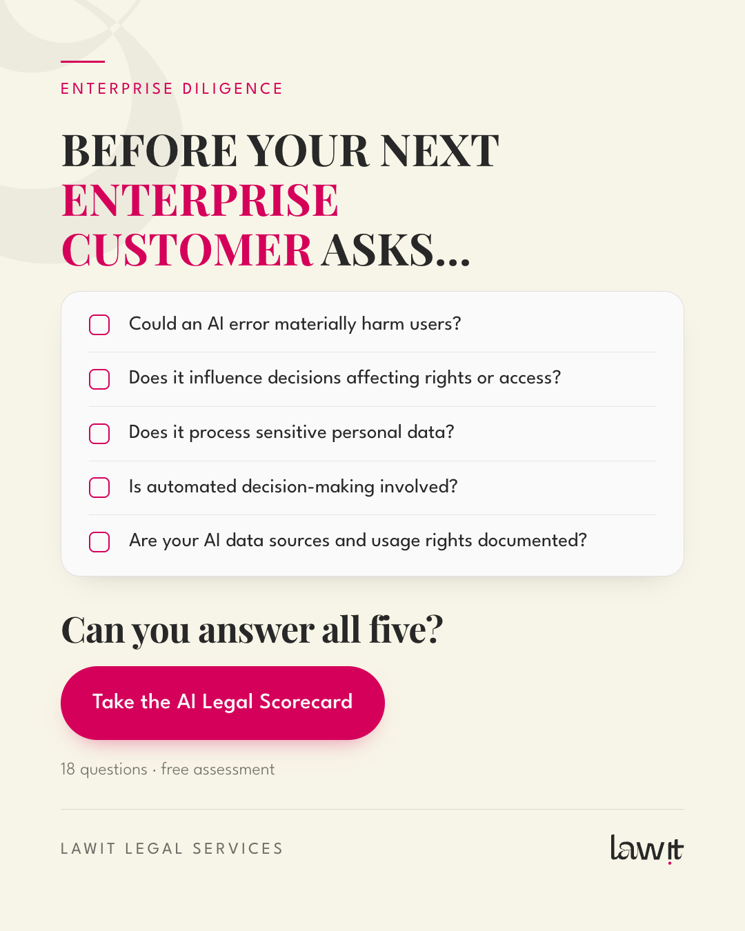 LawIt Facebook ad: Is your AI ready for enterprise due diligence?