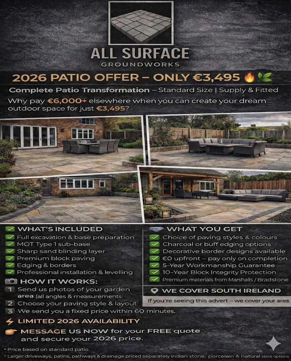 All Surface Groundworks Facebook ad: €3,495 For A New Patio 25% OFF for New Customers