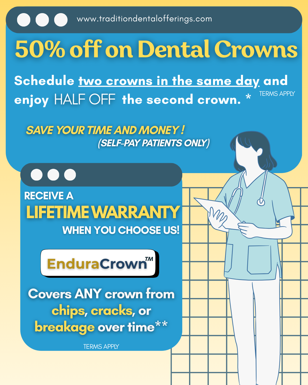 Tradition Dental Group Facebook ad: Dental Crowns backed by a Lifetime Warranty