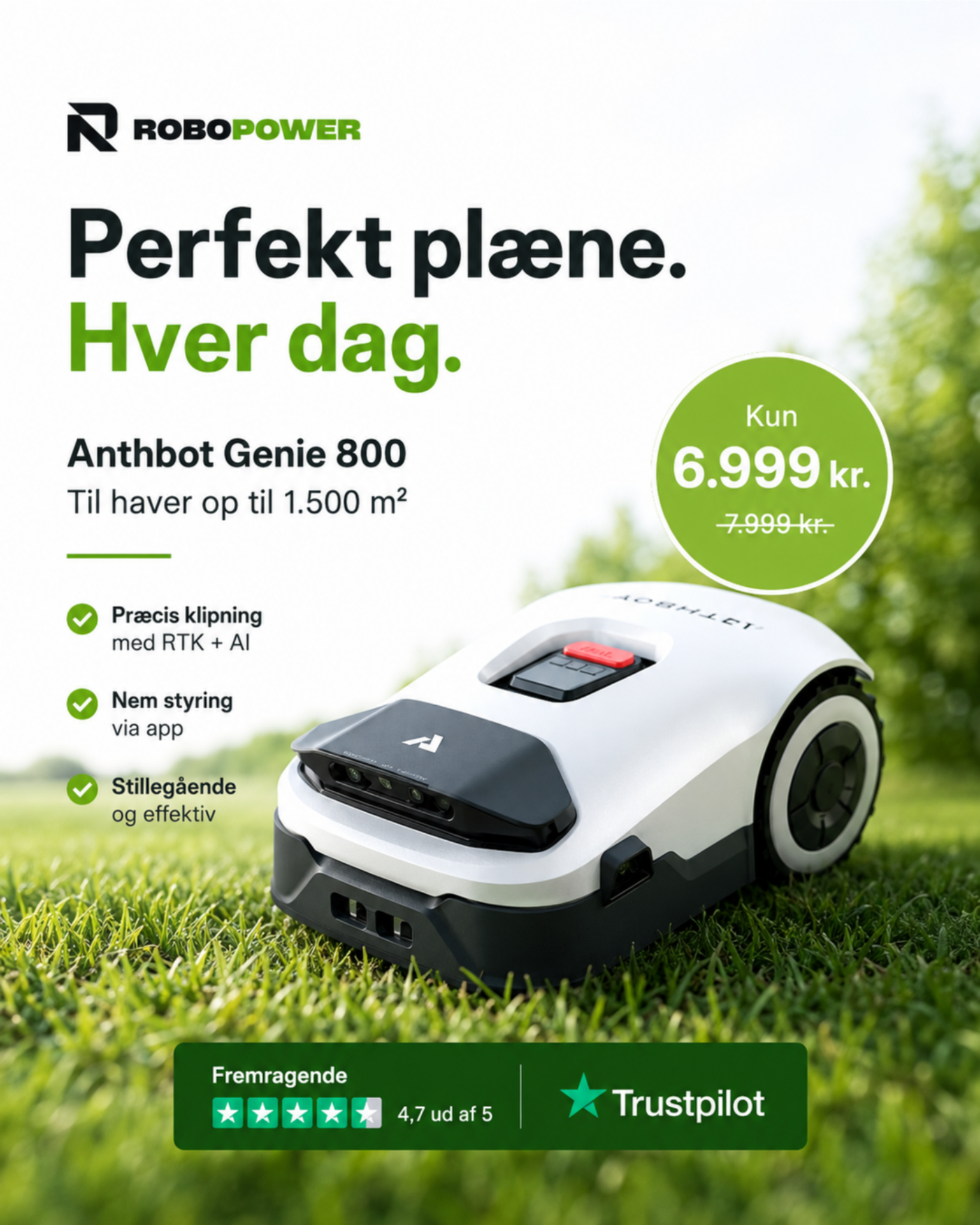 Robopower - robotplæneklippere med bedre service Facebook ad: Din nye havemand, kun 6.999 kr.