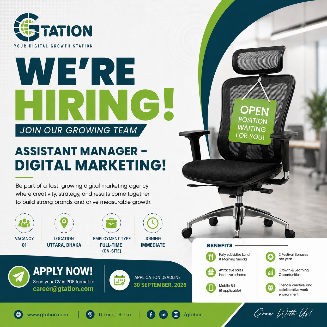 Gtation Facebook ad: Hiring Assistant Manager, Digital Marketing!
