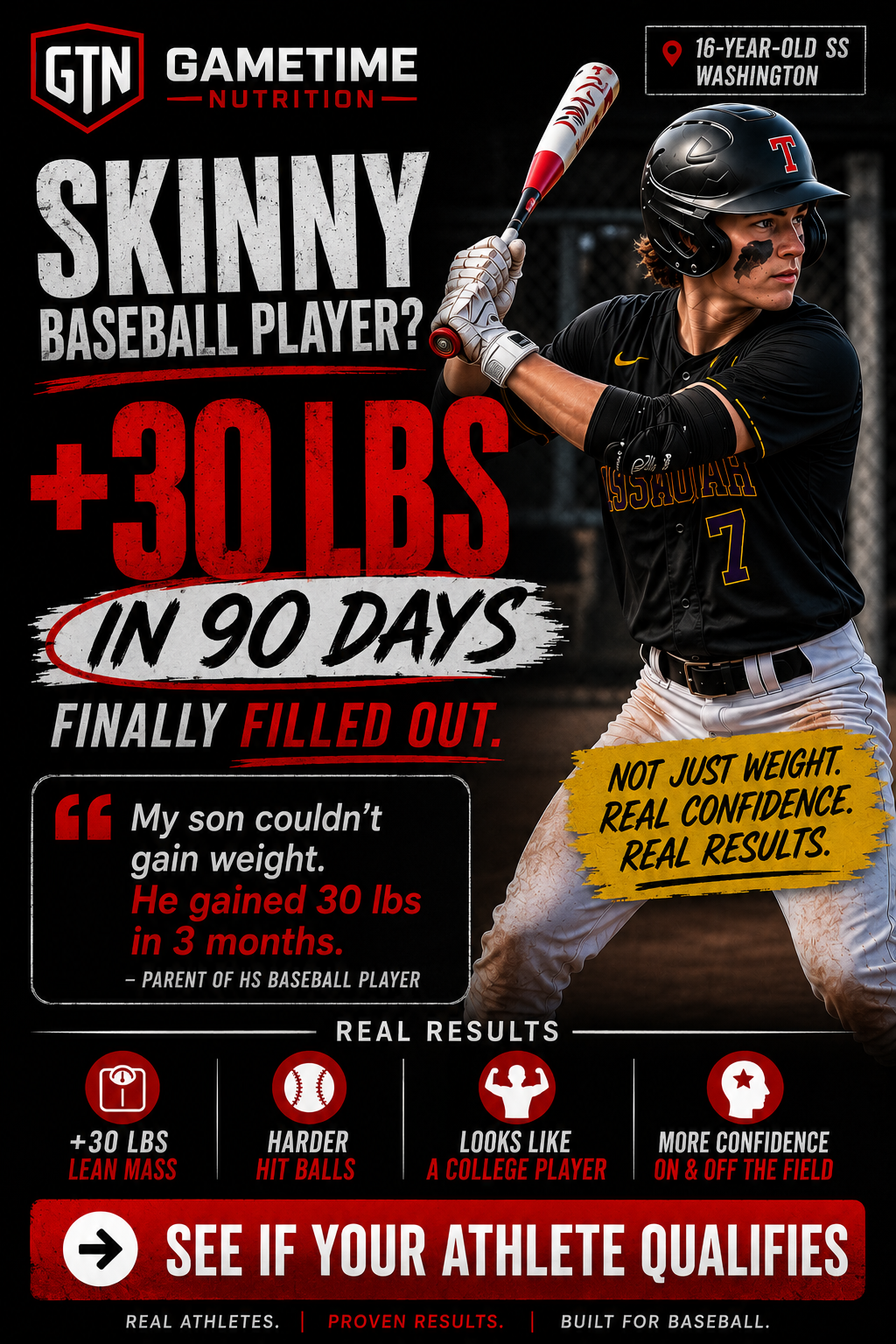 GameTime Nutrition Facebook ad: Help Your Son Gain 10+ Lbs of Game-Ready Mass This Summer…