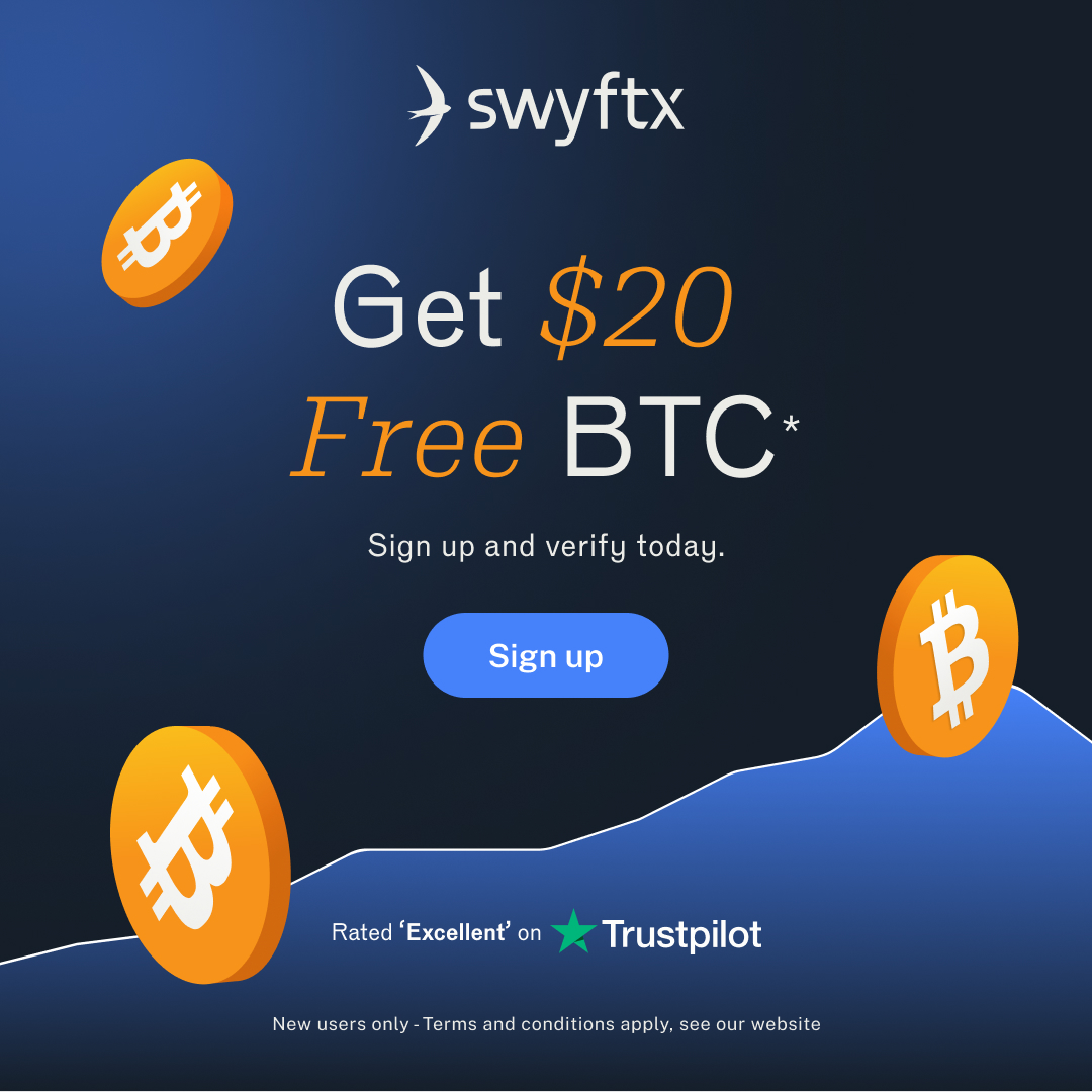 Swyftx Facebook ad: Sign up & get $20 free Bitcoin on us