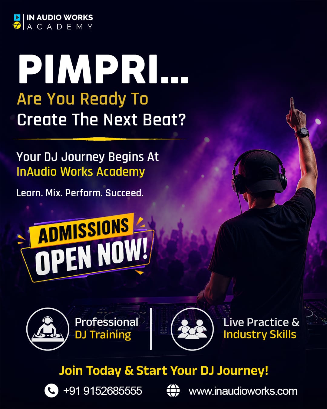 In Audio Works Facebook ad: Admissions Open, Start Your DJ Journey!