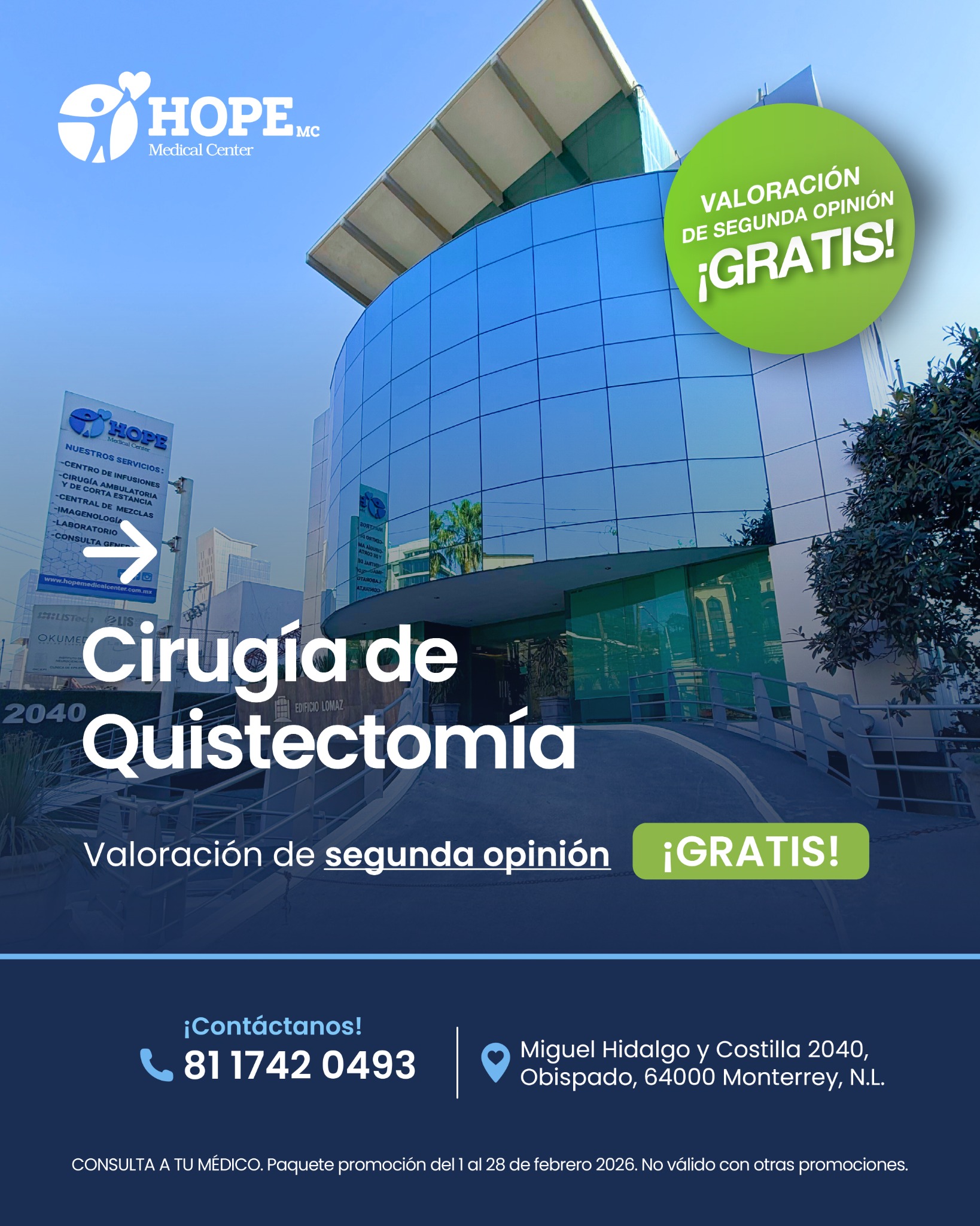 HOPE Medical Center Facebook ad: Cotiza tu cirugía de QUISTECTOMÍA con nosotros