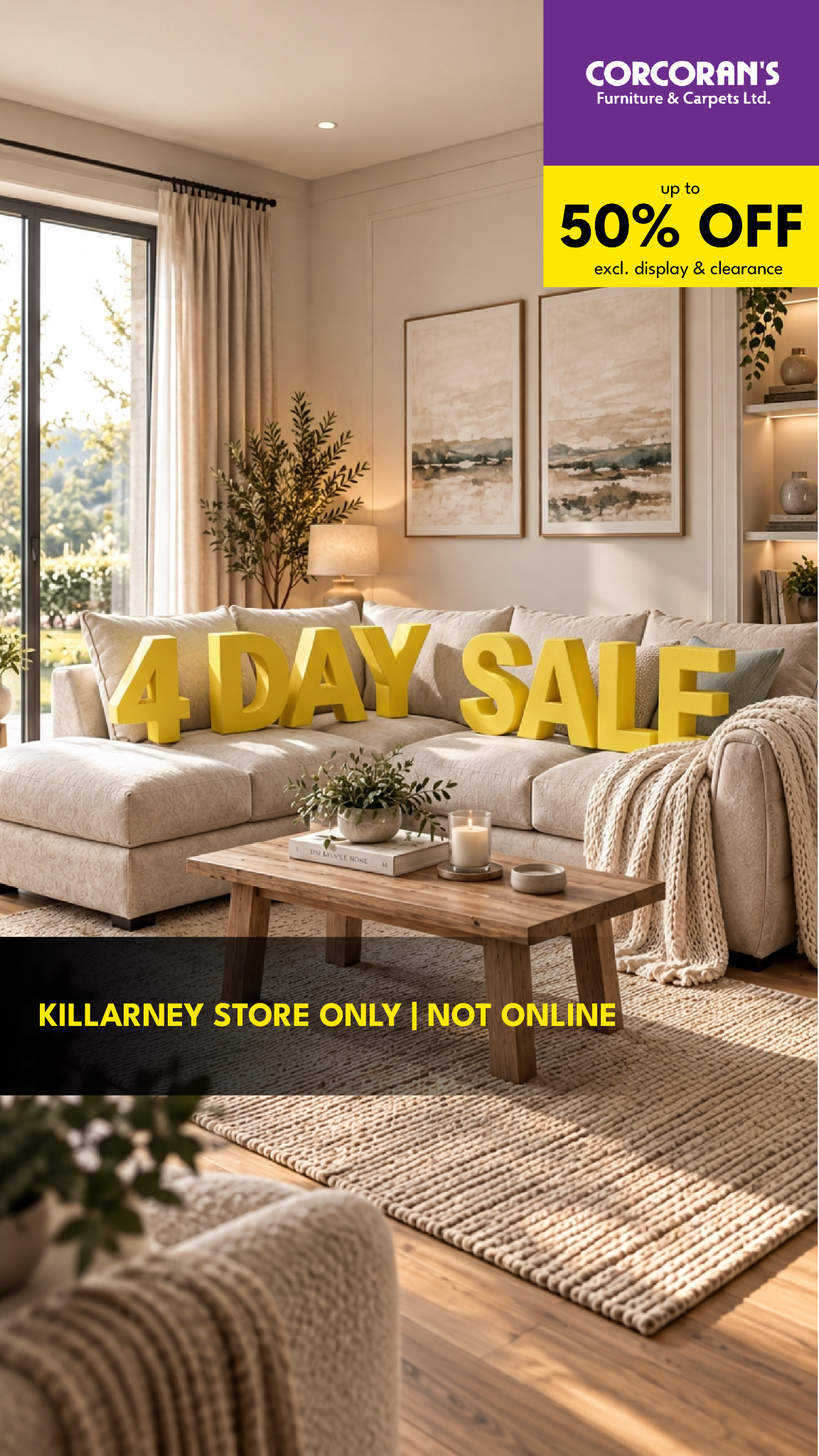 Corcorans Furniture & Carpets Facebook ad: Visit Us In Killarney, Up to 50% Off