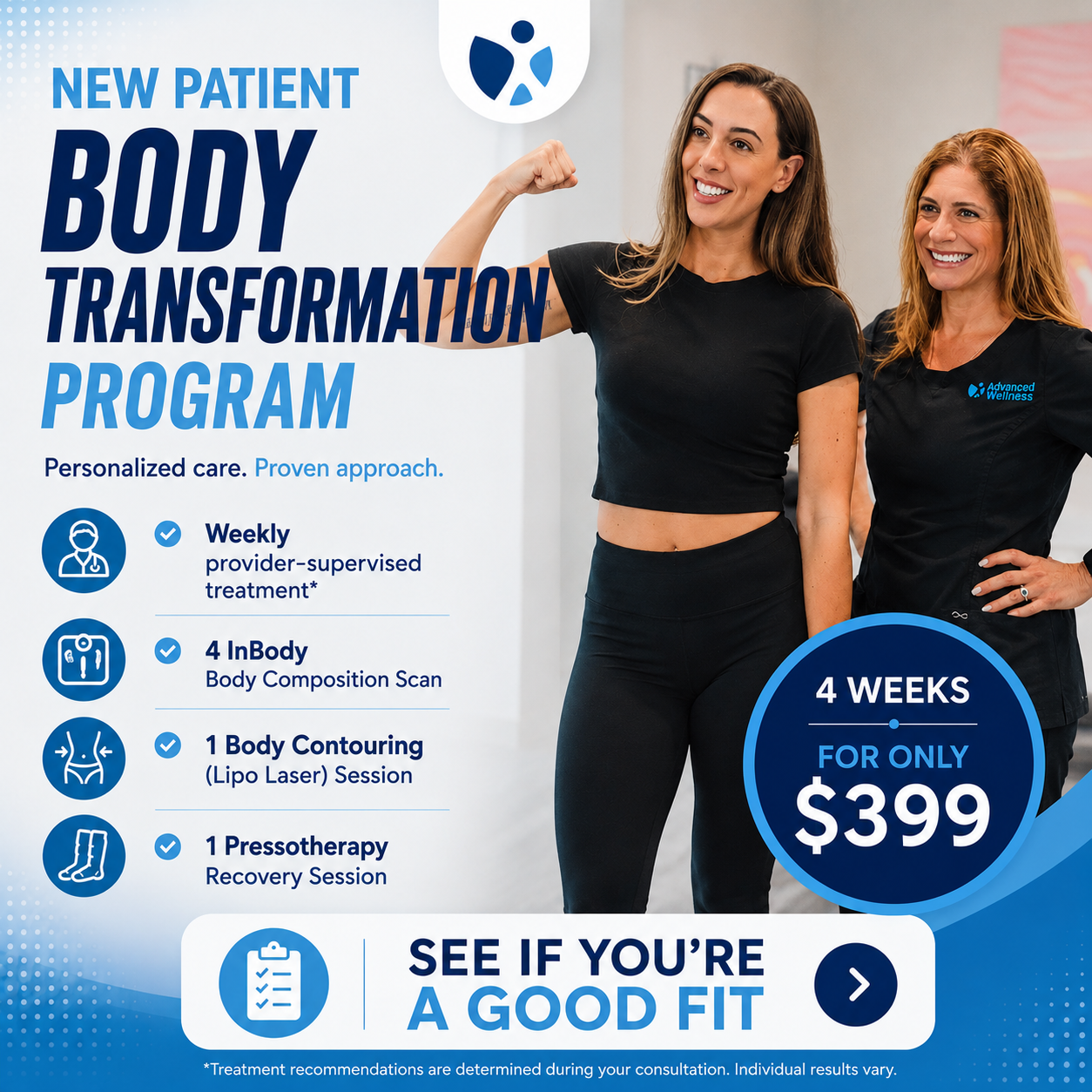Advanced Wellness Aesthetics Facebook ad: New Patient Special, 4 Weeks for Only $399