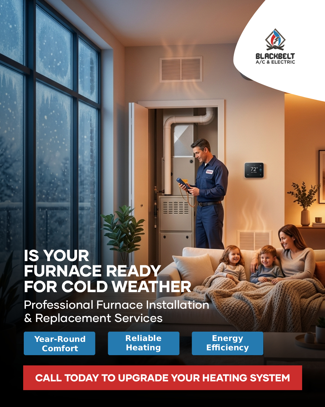Blackbelt AC Heating and Electric Facebook ad: Call today and get your work done!
