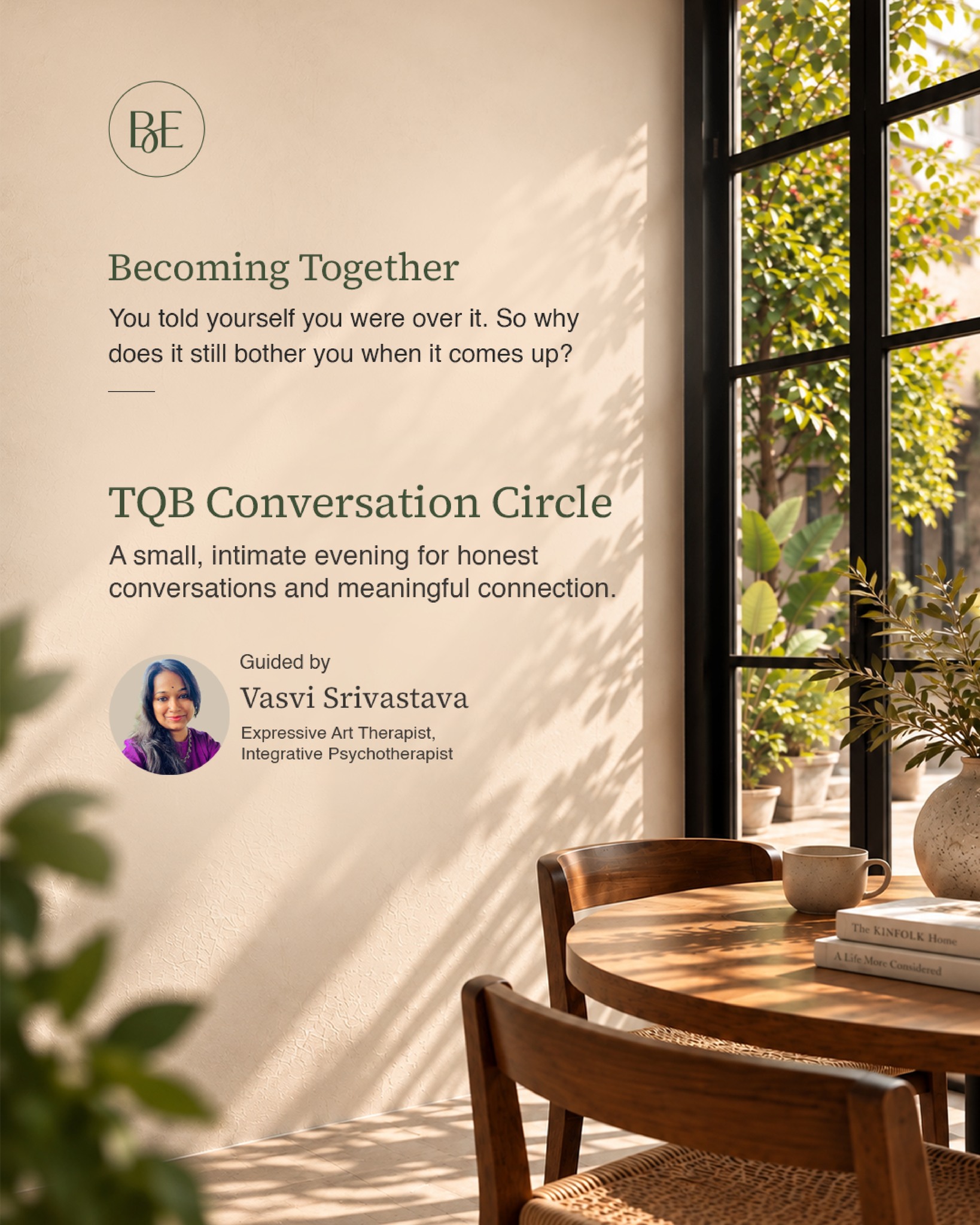 The Quiet Becoming Facebook ad: TQB Conversation Circle is an intimate guided space…