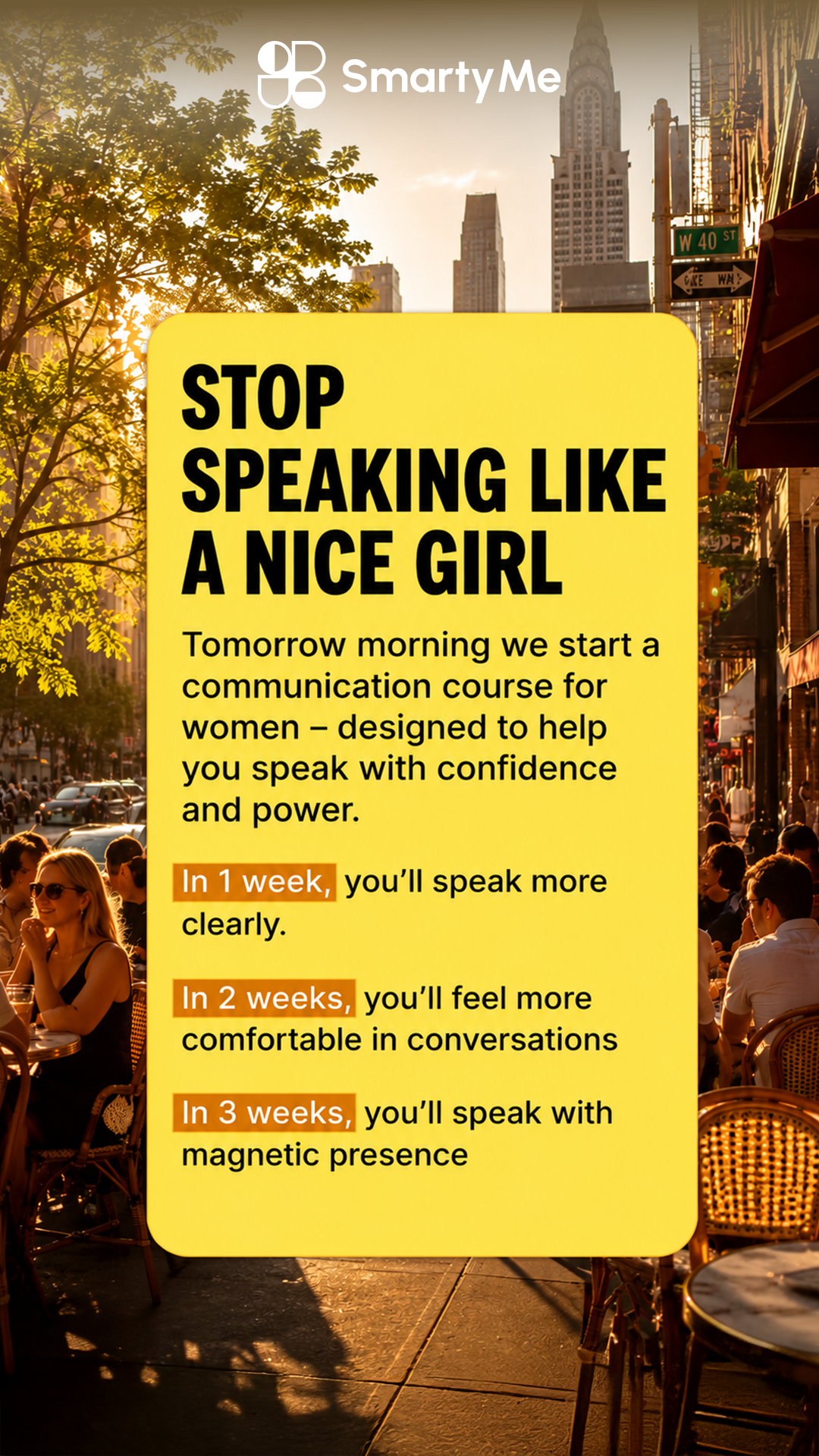 SmartyMe: High-Value Women Speak Facebook ad: Lead with words. Inspire with presence.