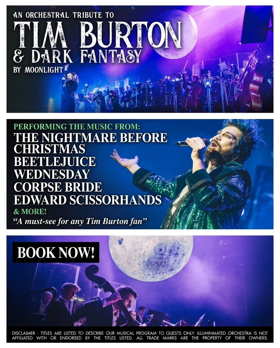 Illuminated Orchestra Facebook ad: The Ultimate Tim Burton & Dark Fantasy Concert Experience