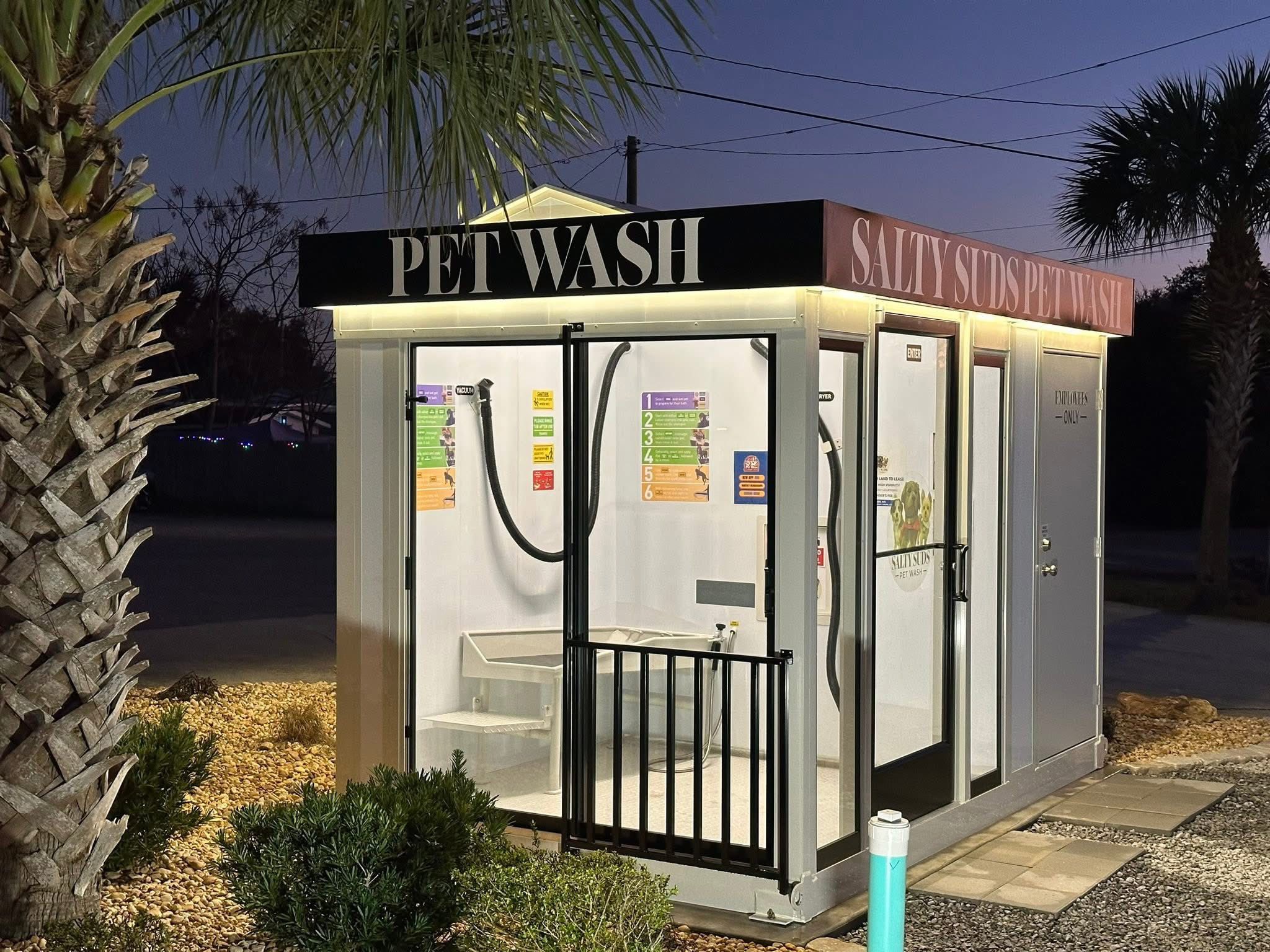 Salty Suds Pet Wash Facebook ad: Offering self serve, climate controlled pet washing unit…