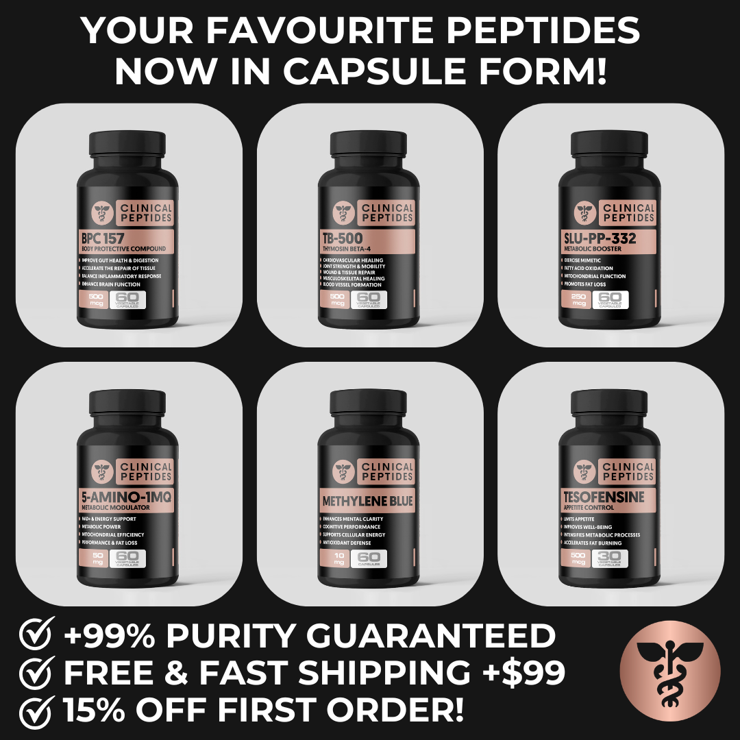 Clinical Peptides Facebook ad: Your favourite peptides now available in capsule form!
