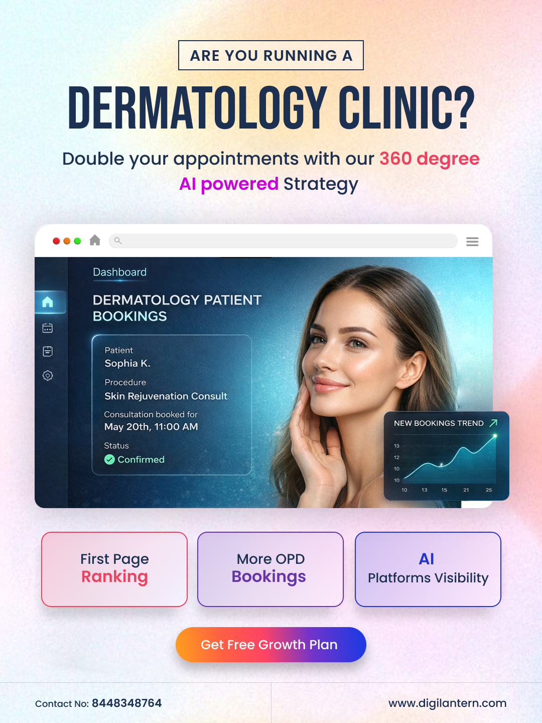 DigiLantern Facebook ad: Running a Dermatology Clinic? Double Your Appointments…