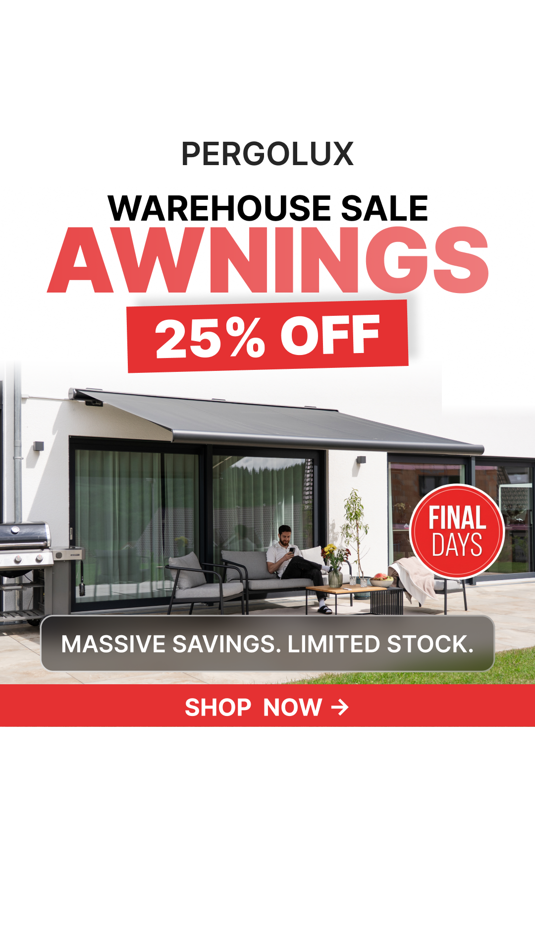 pergolux.au Facebook ad: 25% Off All Awnings