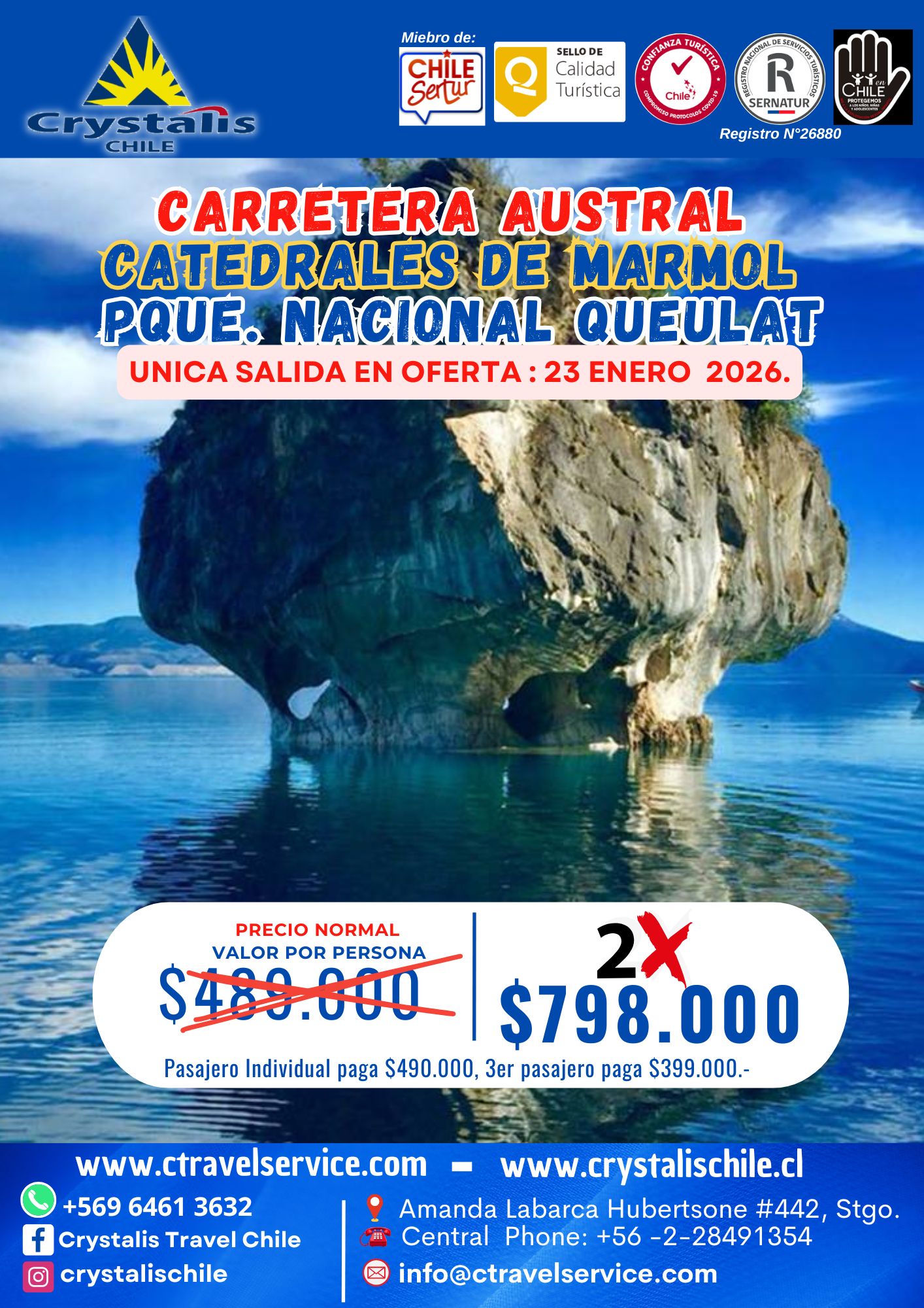 Crystalis Travel Chile Facebook ad: ÚLTIMOS CUPOS, PROMO 2X