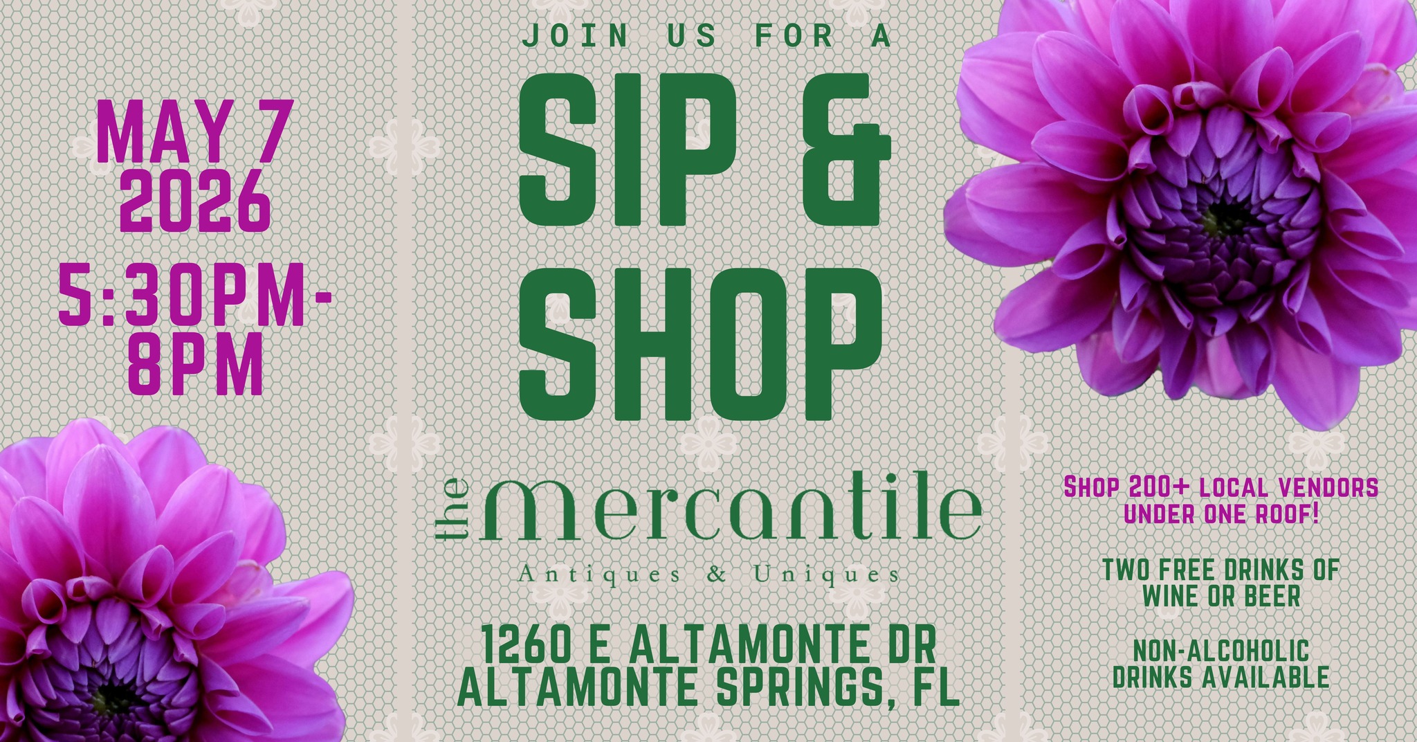 The Mercantile Antiques & Uniques Facebook ad: May Sip & Shop - The Mercantile