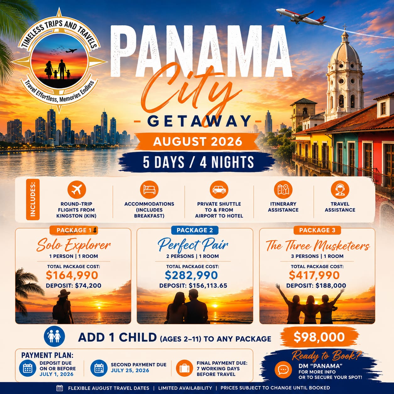 Timeless Trips and Travels Facebook ad: ESCAPE TO PANAMA THIS AUGUST