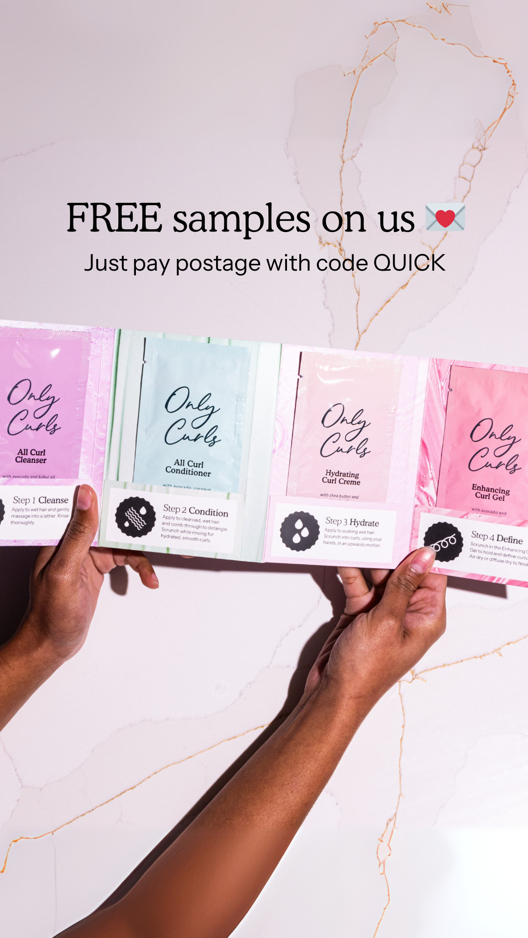Only Curls Facebook ad: SAMPLES ON US with code QUICK