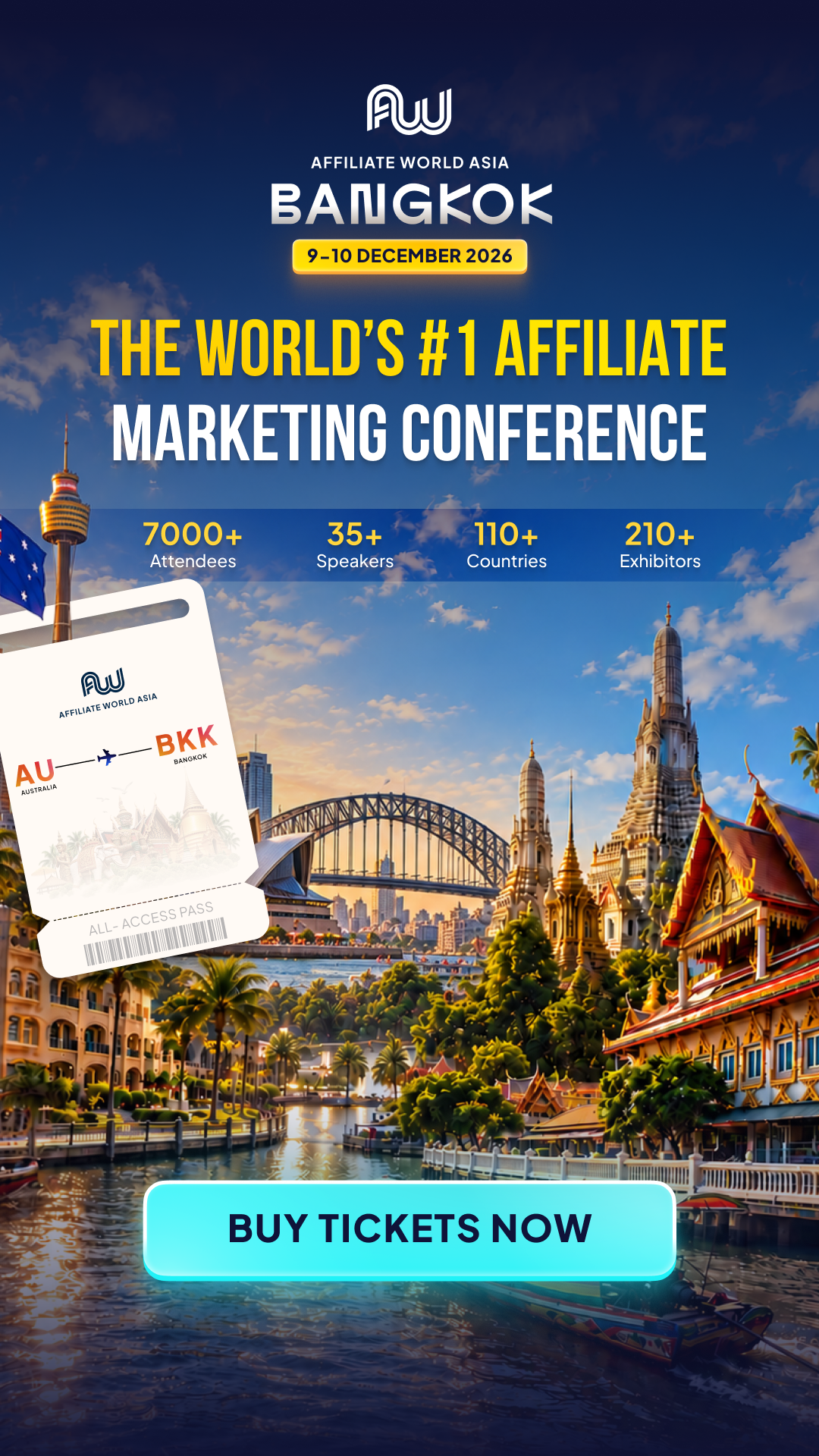 Affiliate World Conferences Facebook ad: Next stop: Bangkok. The industry is boarding.