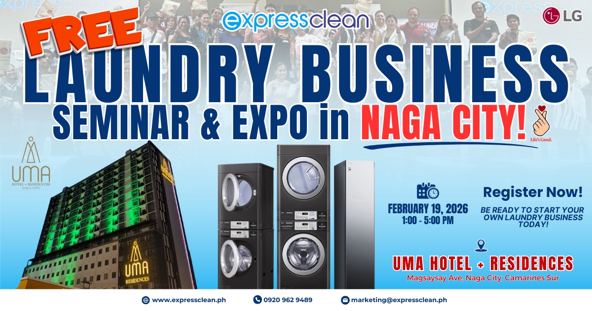 Express Clean Laundry Lounge Premier Naga City Facebook ad: 𝐅𝐑𝐄𝐄 𝐋𝐀𝐔𝐍𝐃𝐑𝐘 𝐁𝐔𝐒𝐈𝐍𝐄𝐒𝐒 𝐒𝐄𝐌𝐈𝐍𝐀𝐑 &…