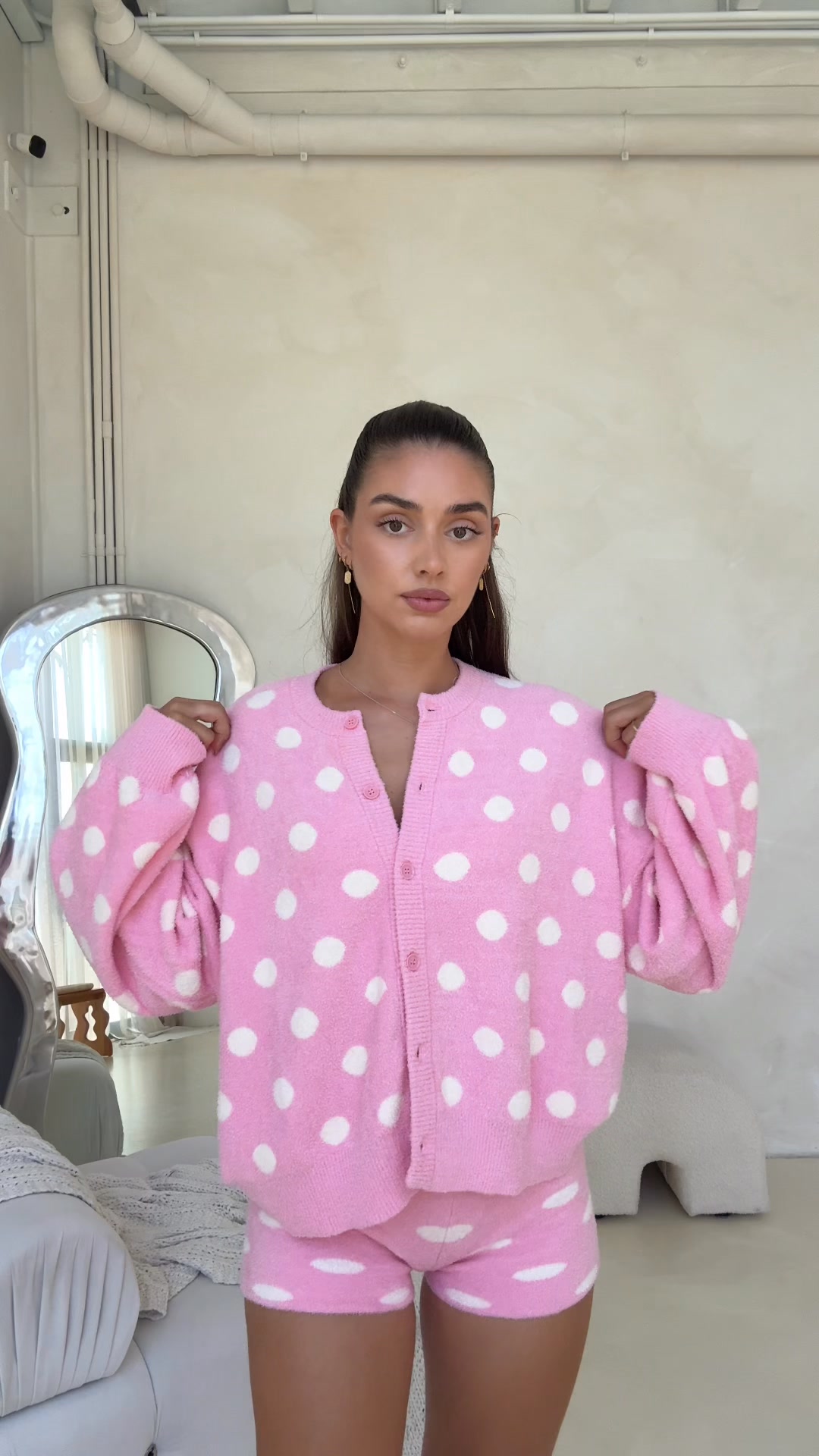 Noni the label Facebook ad: MAMA DOTTIE KNIT CARDIGAN - PINK POLKA