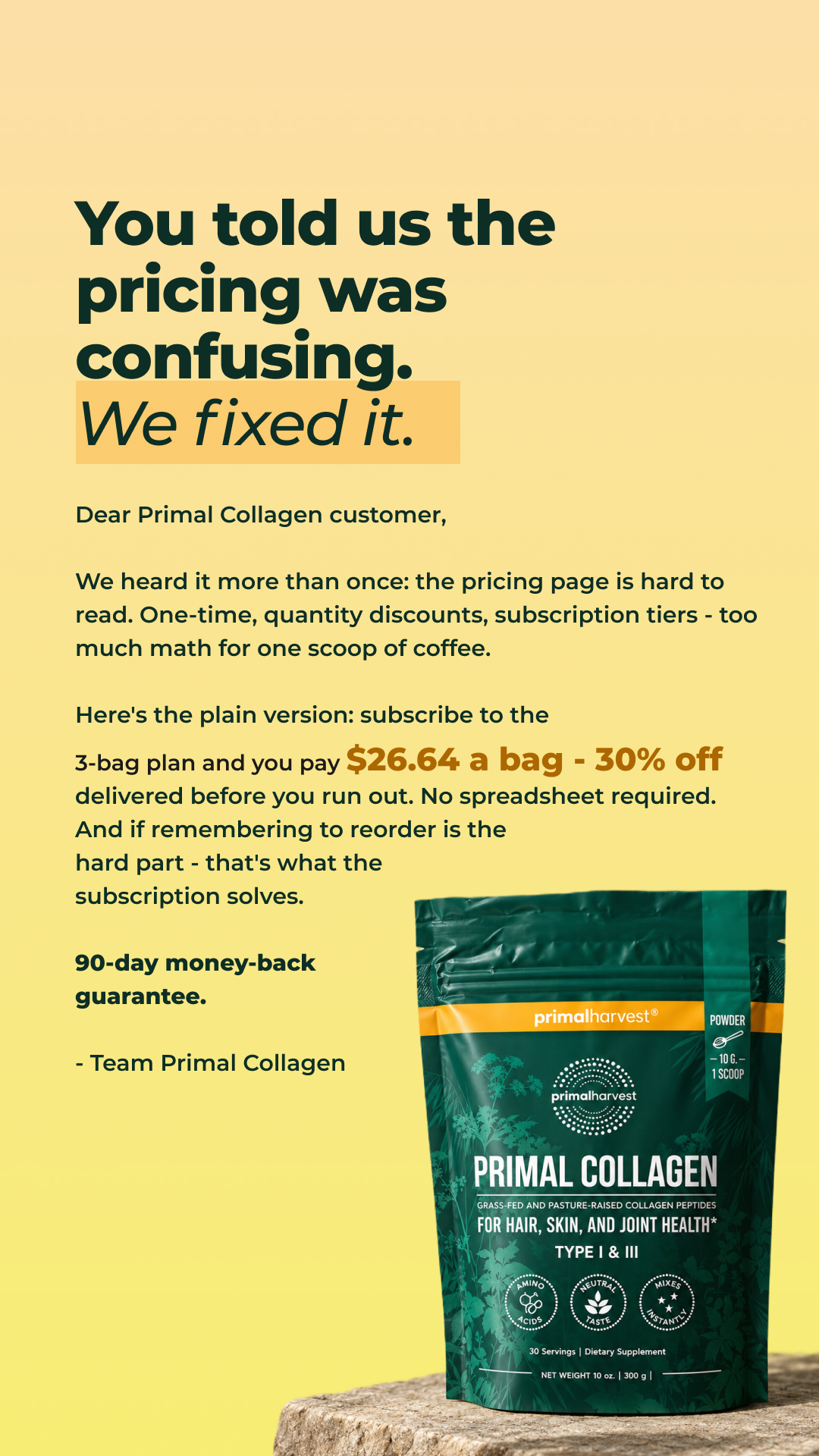 Primal Harvest Facebook ad: You told us the pricing was confusing. We fixed it.