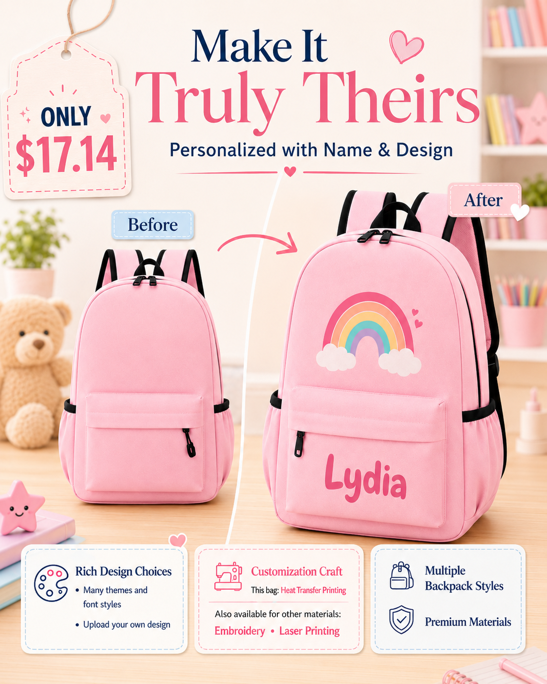 VellGift Facebook ad: Custom Kids’ Backpacks | Embroidery & Printing