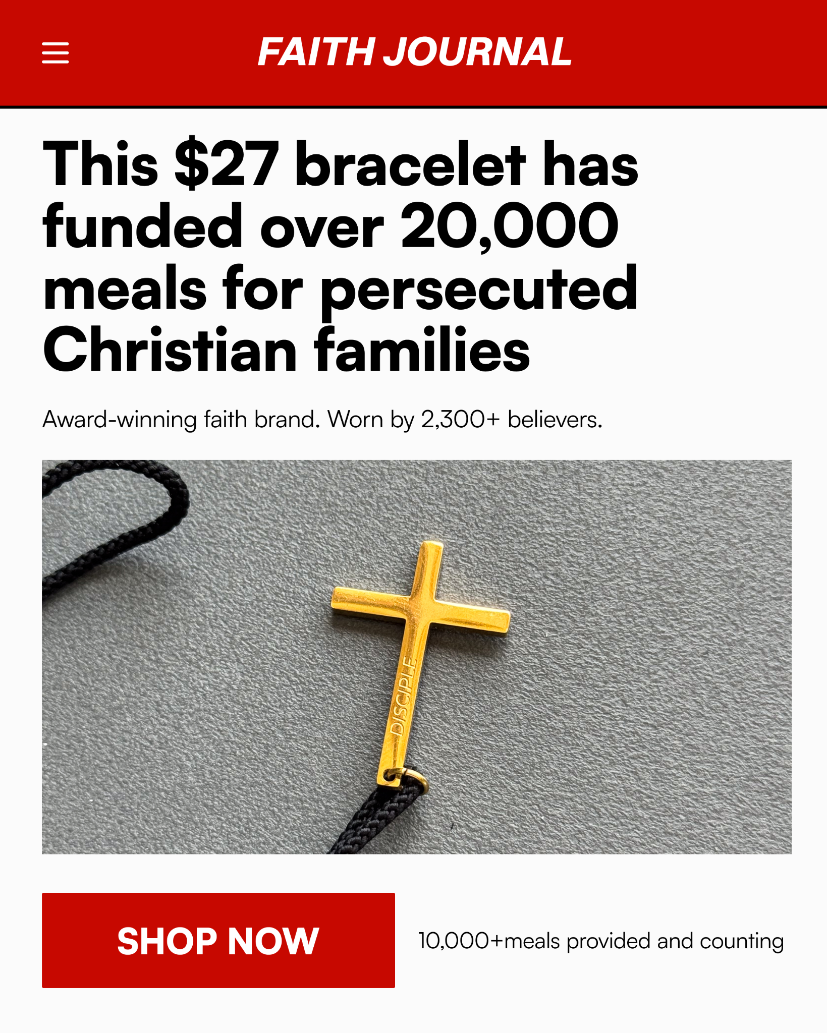 FaithBorn Facebook ad: One bracelet. 10 meals donated.