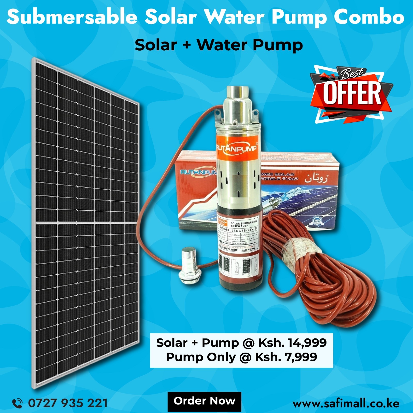 Safimall Supplies Facebook ad: Pump Only, Ksh. 7,999 Solar + Pump Combo, Ksh. 14,999