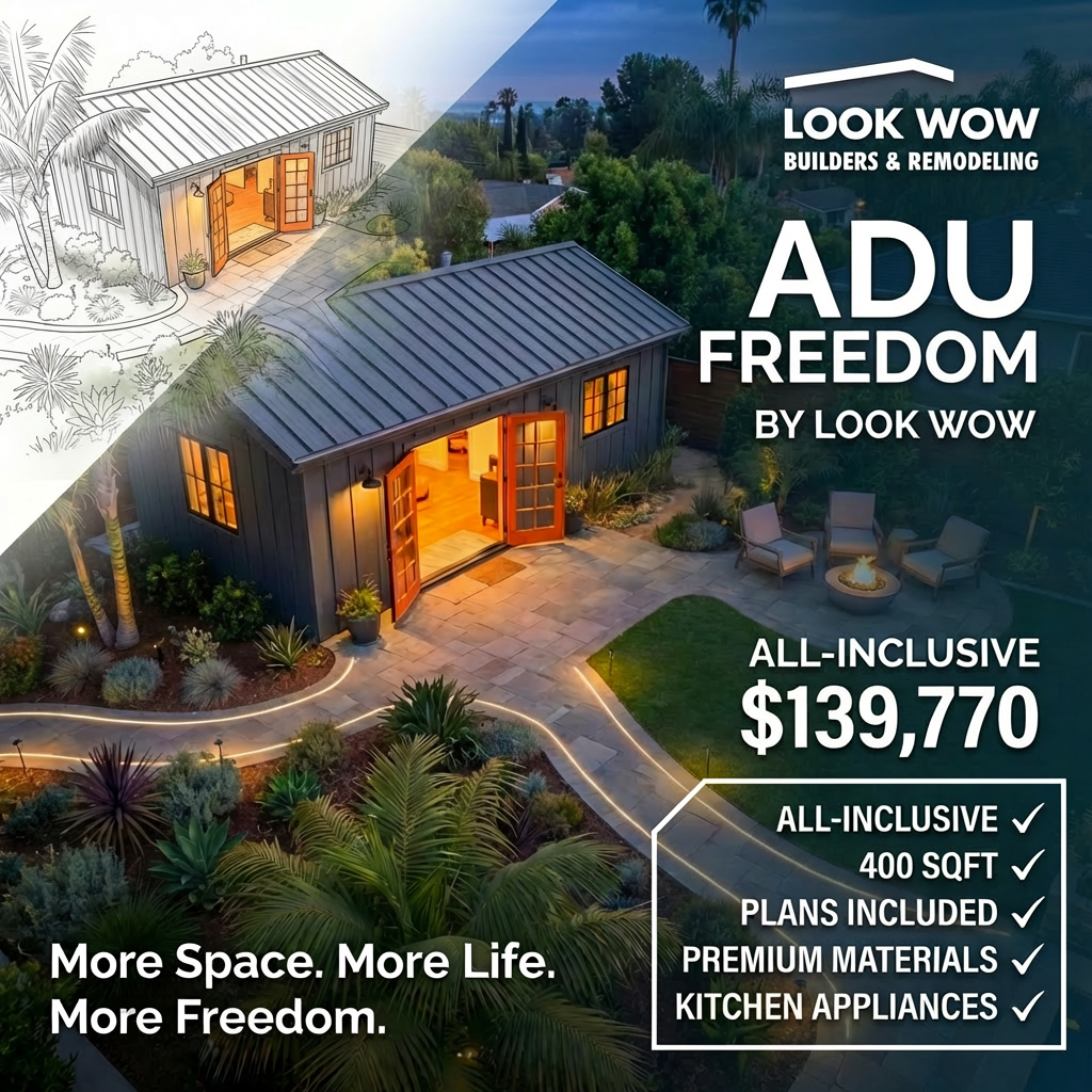 LOOK WOW Builders Facebook ad: Create an ADU, Plans Included
