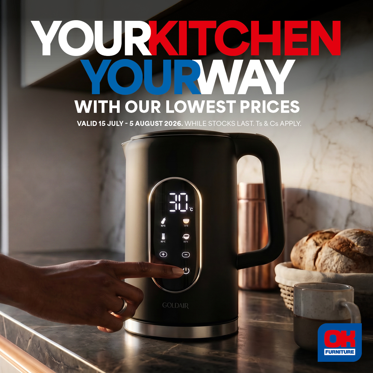 OK Furniture Facebook ad: From quick-boil kettles to convenient steam irons, we’re…